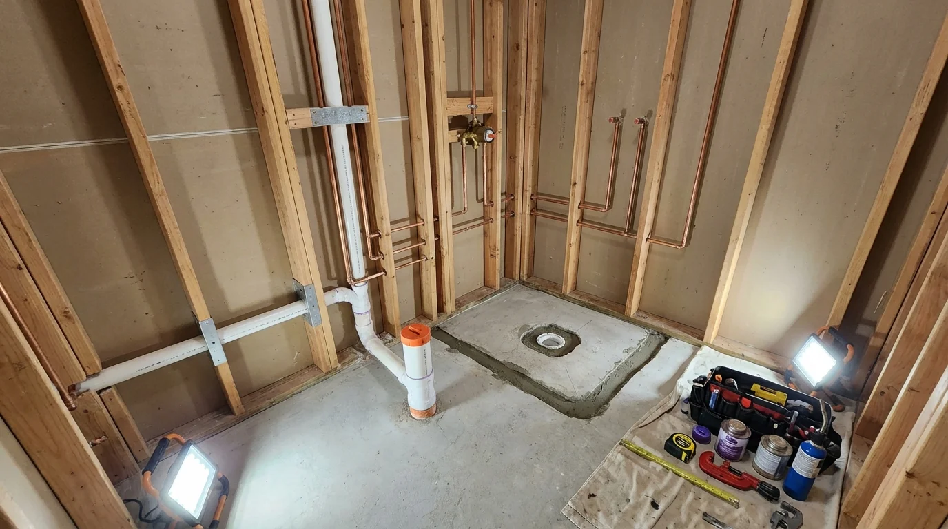 Bathroom rough-in plumbing during remodel by Johns Plumbing LLC in Olive Hill