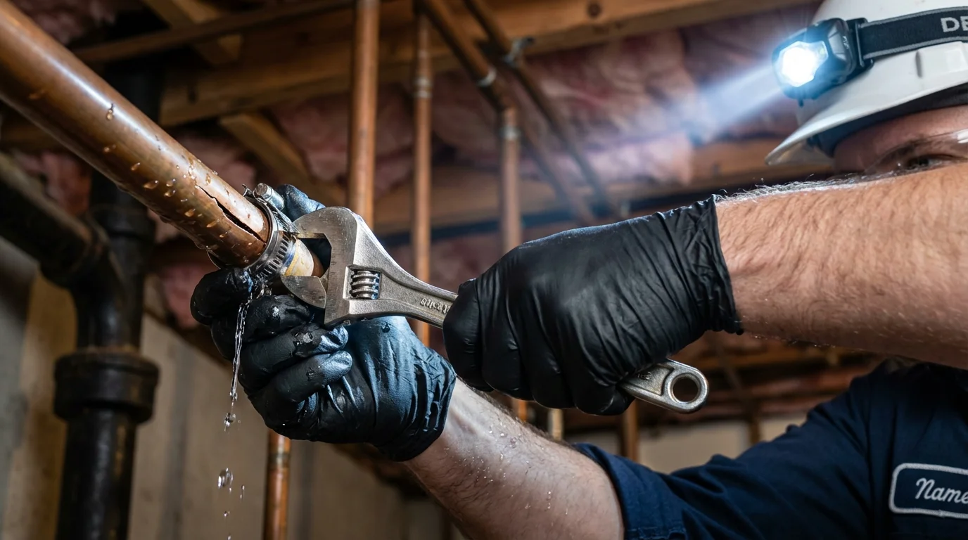 Emergency pipe clamp repair being performed by a Johns Plumbing LLC plumber in Olive Hill